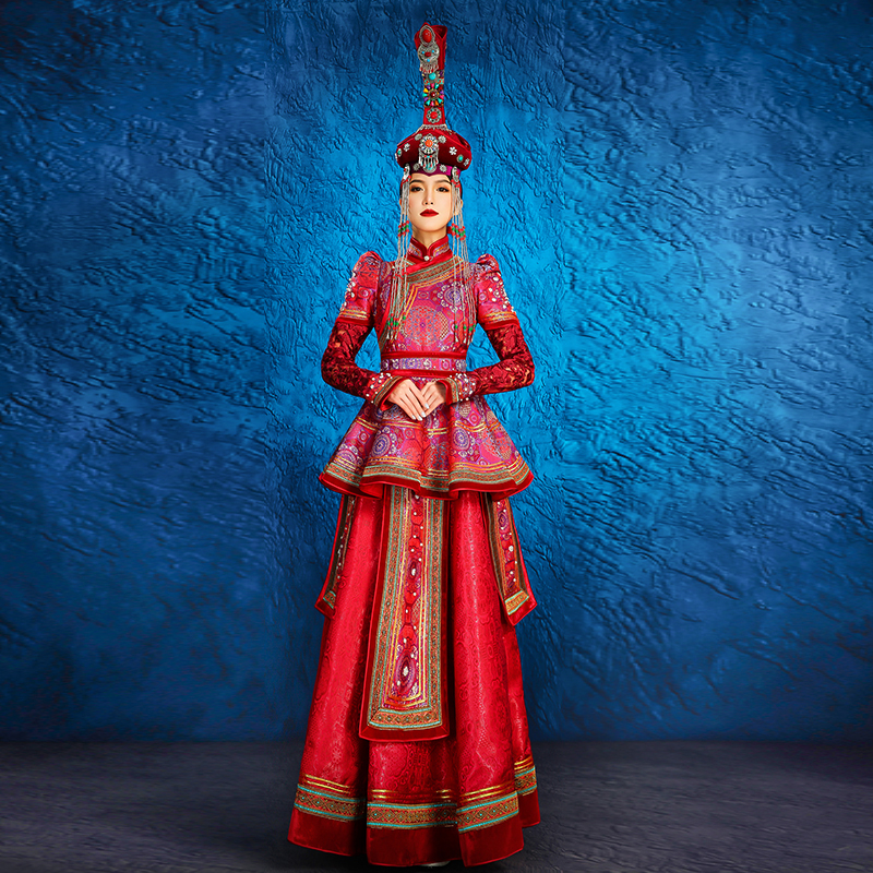 女士红色重工蒙古袍新娘敬酒少数民族风婚礼舞蹈演出走秀摄影写真