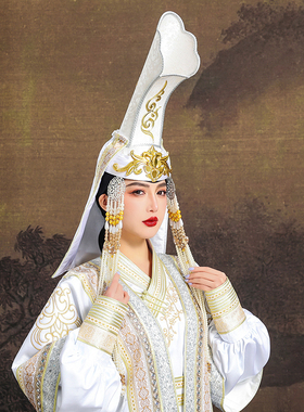 原创蒙古女白色王妃高筒帽子内蒙古走秀摄影舞蹈礼仪婚礼演出帽
