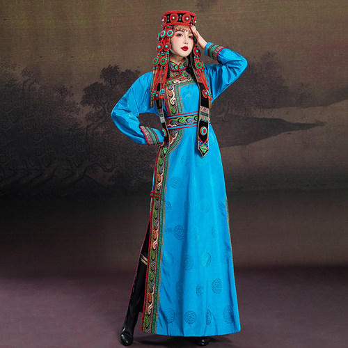 女士蒙古袍蓝色连衣裙内蒙高端民族服舞蹈演出摄影礼仪走秀婚礼服