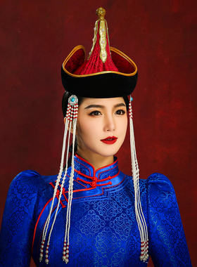 女蒙古创意设计师款红色帽子旅拍演出婚礼头饰内蒙异域风情饰品