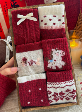 女童马年新年袜秋冬加厚保暖羊毛袜女孩韩版过年本命年红色羊绒袜