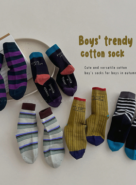男童袜子春秋无骨中筒袜儿童韩版ins拼色条纹字母潮袜秋季运动袜