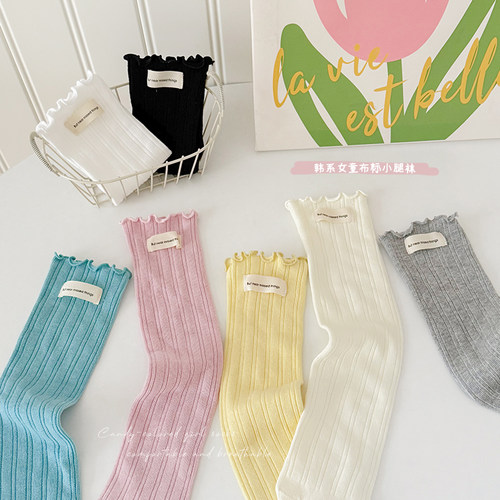 女童袜子春夏季薄款透气长筒堆堆袜儿童韩版布标木耳花边小腿袜夏