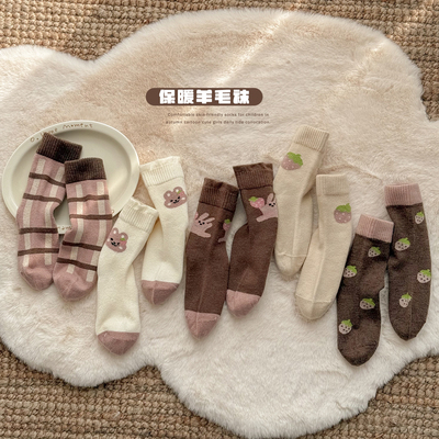 女童袜子秋冬季加厚羊毛袜儿童韩版卡通小兔草莓冬款羊绒中筒袜