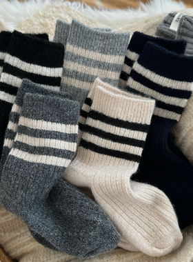 男童袜子秋冬季加厚保暖羊毛袜儿童韩版纯色条纹冬款羊绒中筒袜