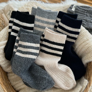 男童袜子秋冬季加厚保暖羊毛袜儿童韩版纯色条纹冬款羊绒中筒袜