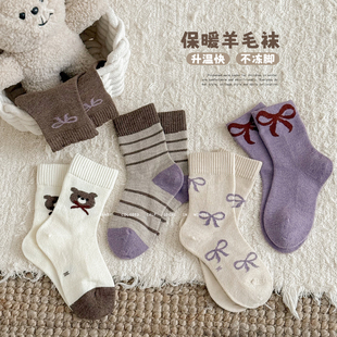 女童袜子秋冬季加厚羊毛袜儿童韩版卡通小熊蝴蝶结冬款羊绒中筒袜