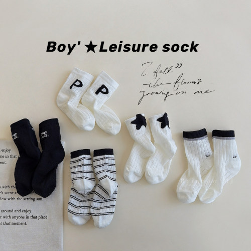 男童袜子夏季薄款无骨网眼中筒袜儿童韩系ins黑白字母条纹运动袜