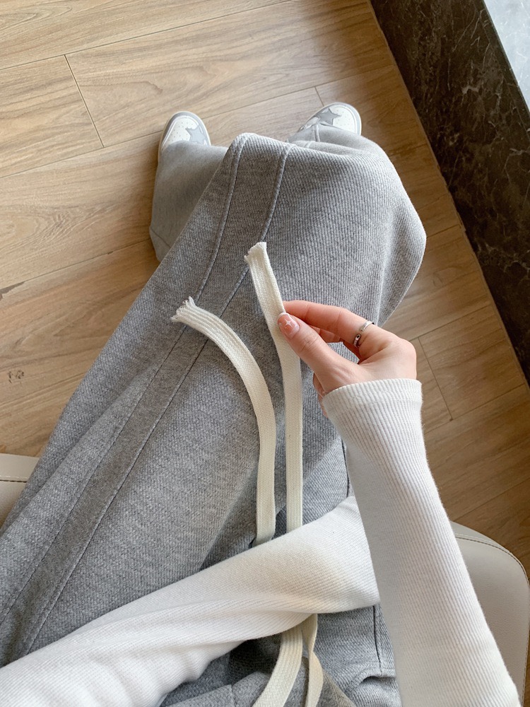 灰色运动裤女秋冬2024新款高腰垂感宽松直筒休闲卫裤加绒阔腿裤子