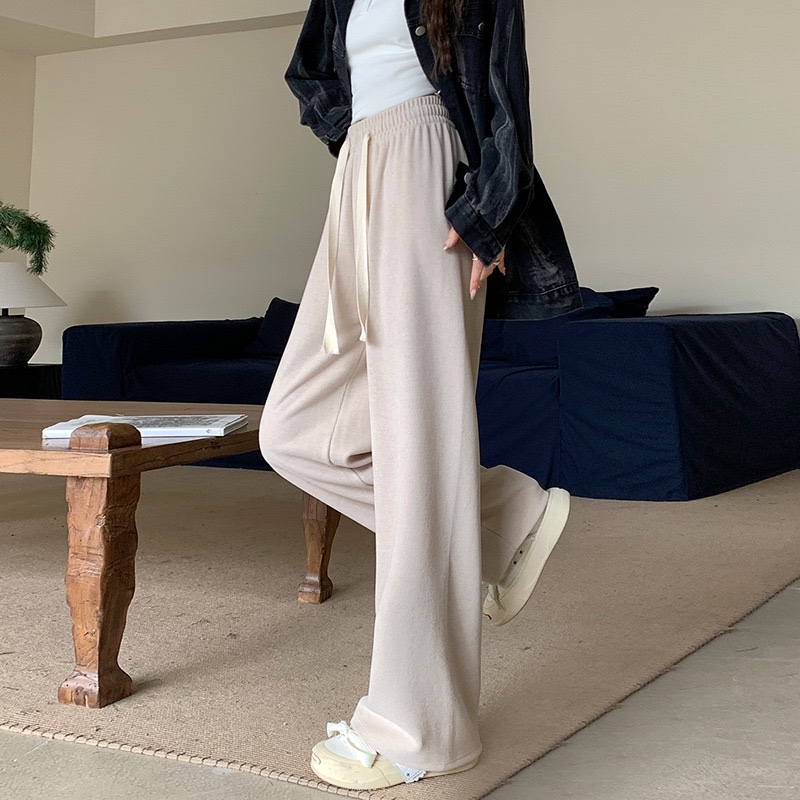 大码加绒加厚软糯羊绒休闲裤秋冬新款宽松显瘦抽绳阔腿裤拖地裤子