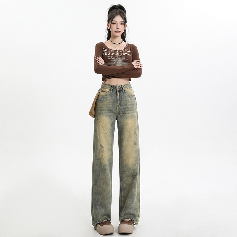 黄泥阔腿裤牛仔裤女2024春季新款美式复古怀旧高腰垂感直筒裤子潮