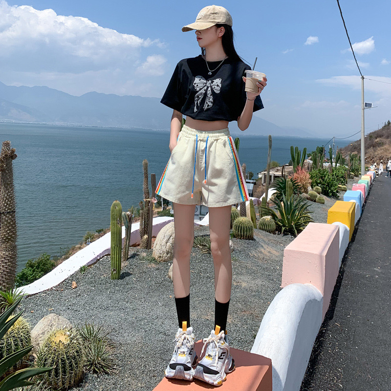 2024夏季新款运动短裤女宽松显瘦阔腿休闲裤子高腰直筒五分热裤潮