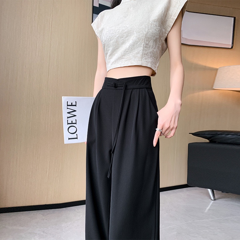 韩国新中式盘扣高腰西装裤女春秋季垂感直筒显瘦休闲国风阔腿裤子