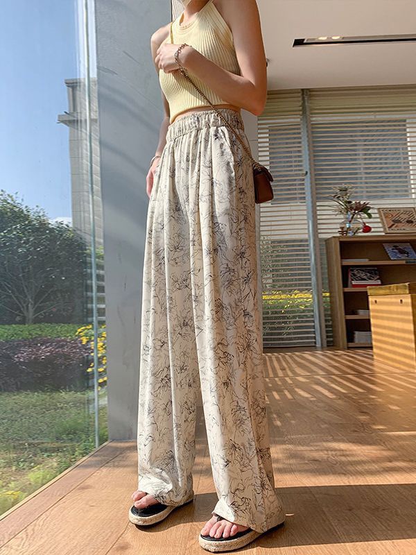 高腰水墨碎花冰丝窄版阔腿裤子女夏季垂感显瘦直筒裙裤宽松长裤薄