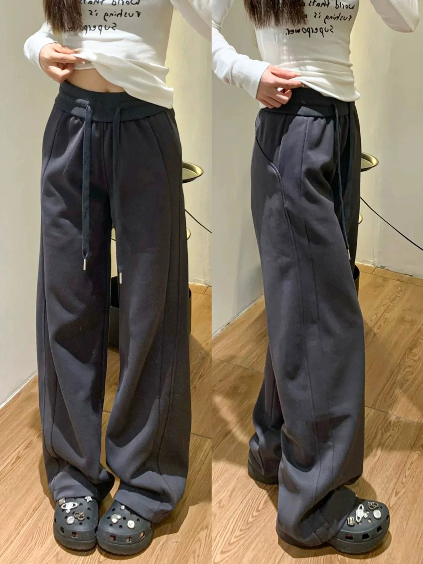 深灰色运动裤女士秋季2025新款高腰宽松直筒休闲裤窄版阔腿卫裤子