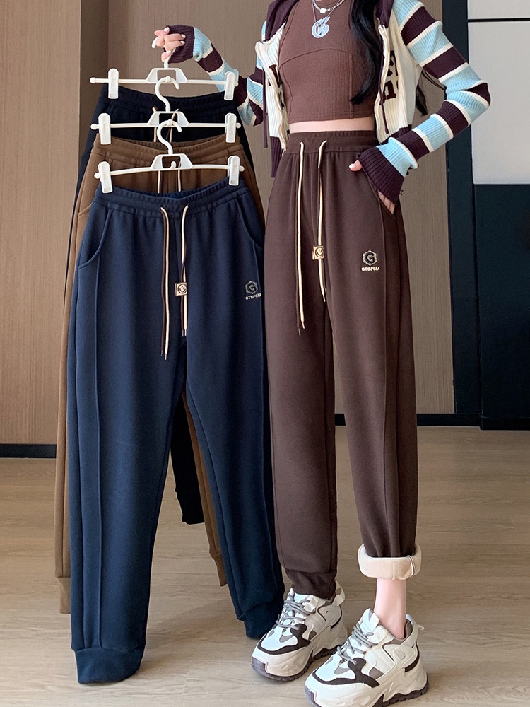 休闲运动裤女2024秋冬季新款百搭宽松加绒加厚小个子束脚卫裤子潮