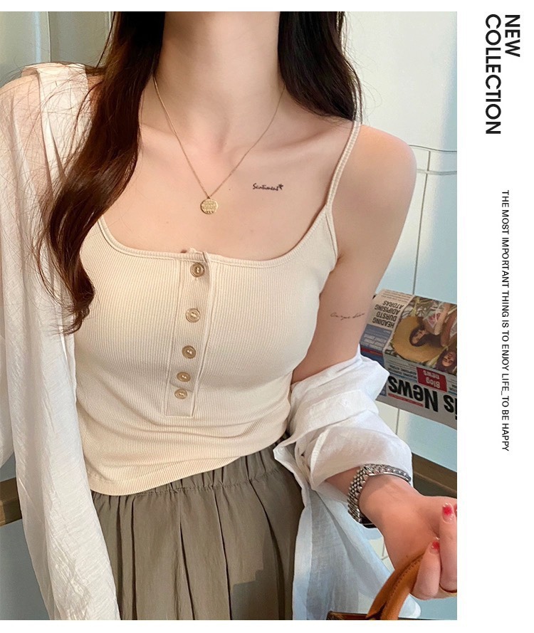 灰色带胸垫短款小吊带女夏夏季冰丝美背背心法式内搭辣妹无袖上衣