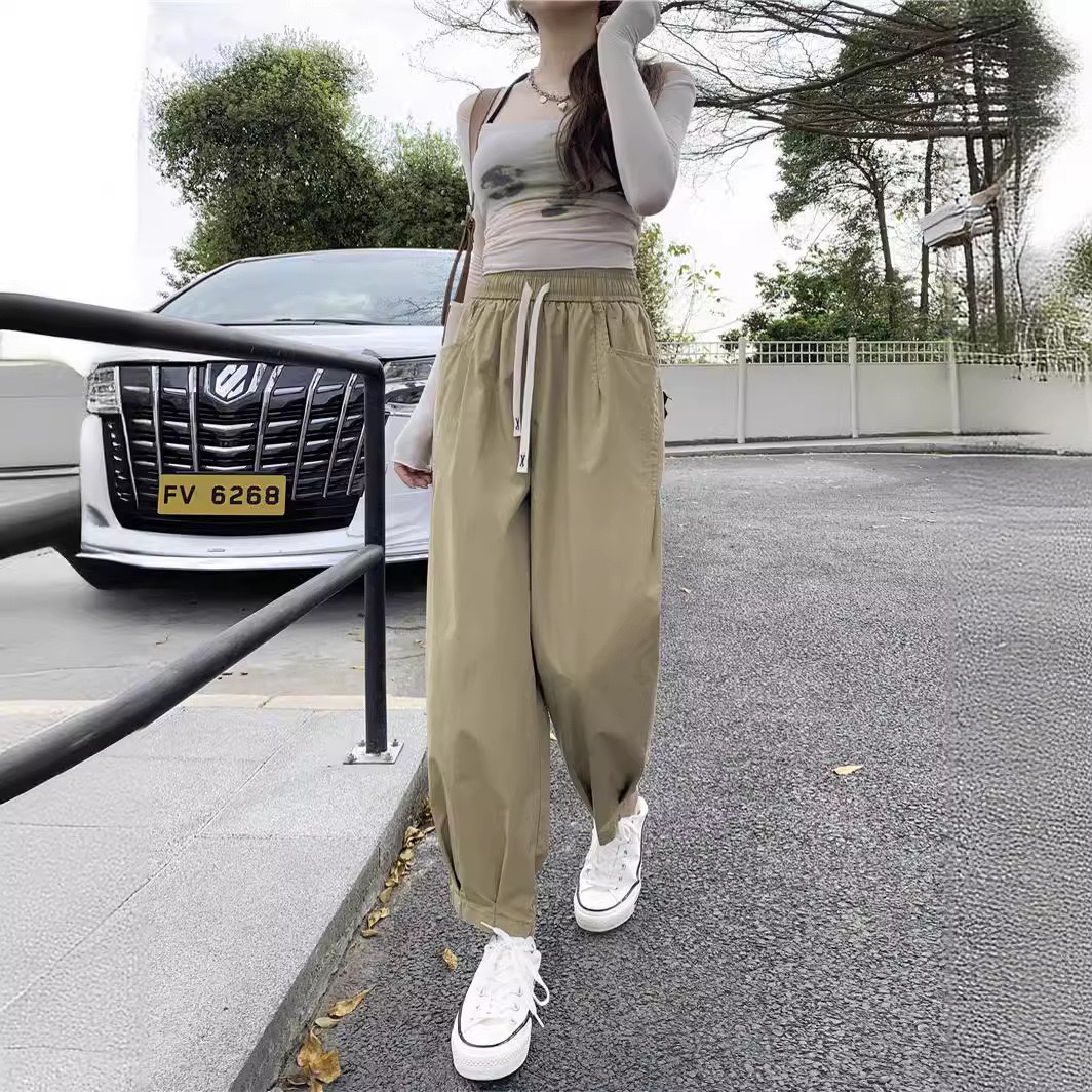 卡其色日系棉麻工装裤女夏季高腰亚麻萝卜裤子宽松休闲阔腿裤薄款