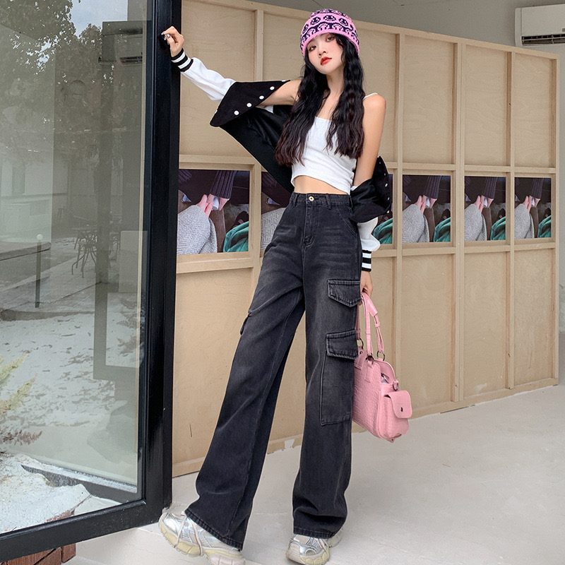 黑灰色工装牛仔裤女2024年新款高腰显瘦直筒街头辣妹拖地阔腿裤子
