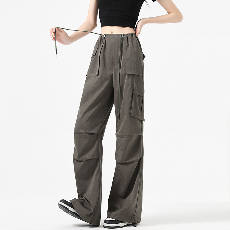 军绿色美式工装裤女秋季2024新款高腰显瘦阔腿束脚运动降落伞裤子