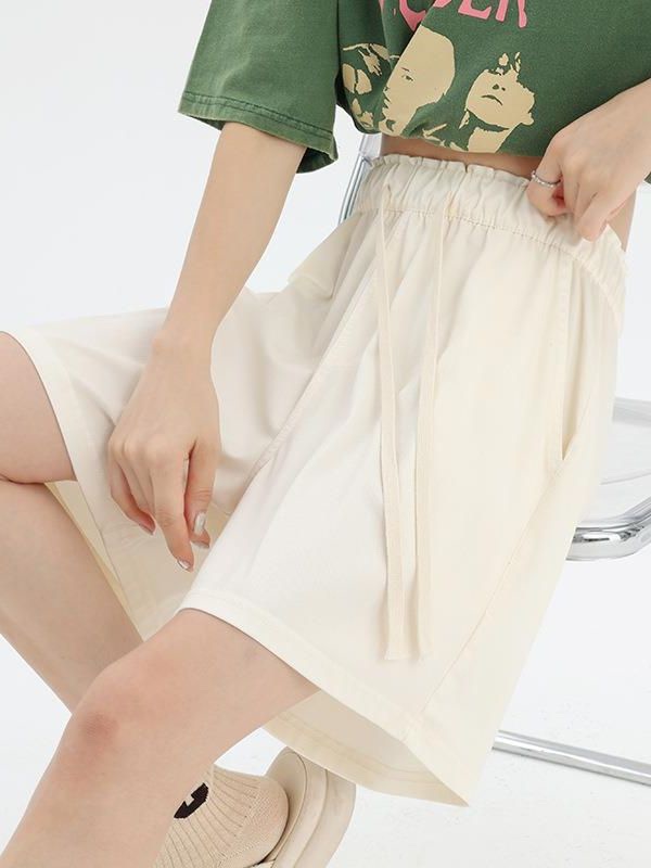 天丝牛仔短裤女夏季高腰薄款垂感百搭系带休闲裤子宽松阔腿五分裤