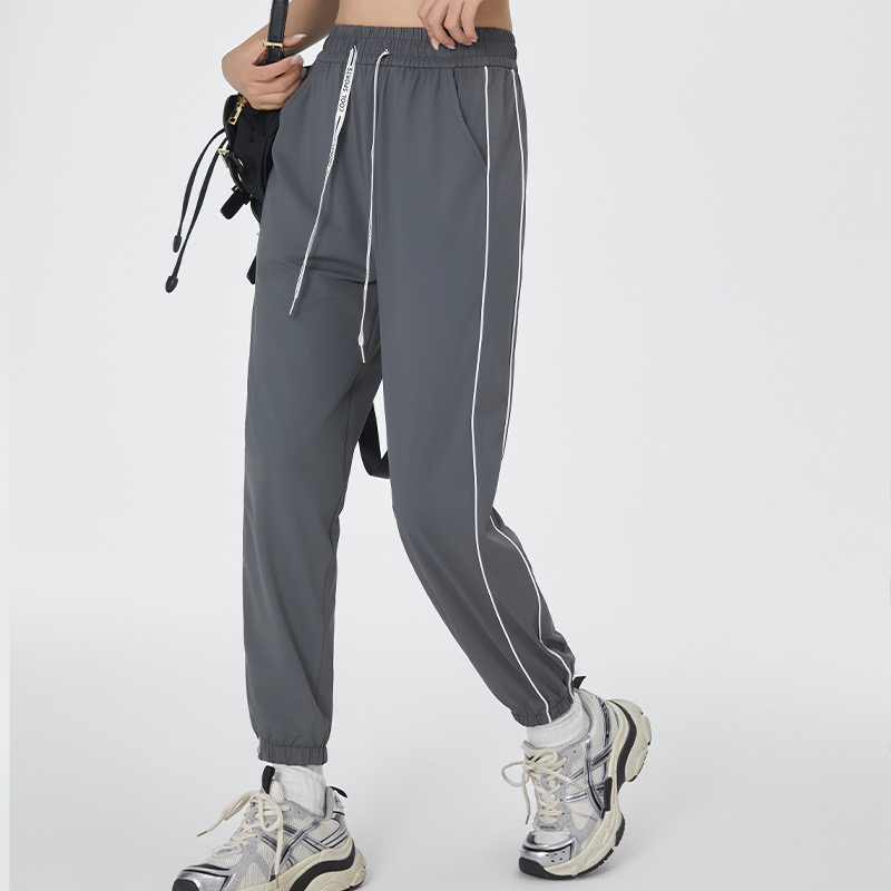 灰色速干运动裤女夏季冰丝薄款拼条显瘦宽松束脚夏天哈伦九分裤子