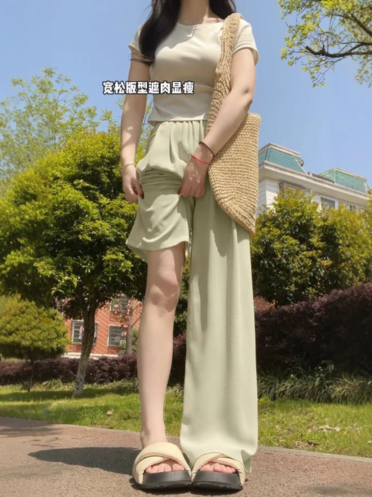 杏色棉麻窄版山本裤女2025夏季新款休闲阔腿裤小个子醋酸凉凉裤子