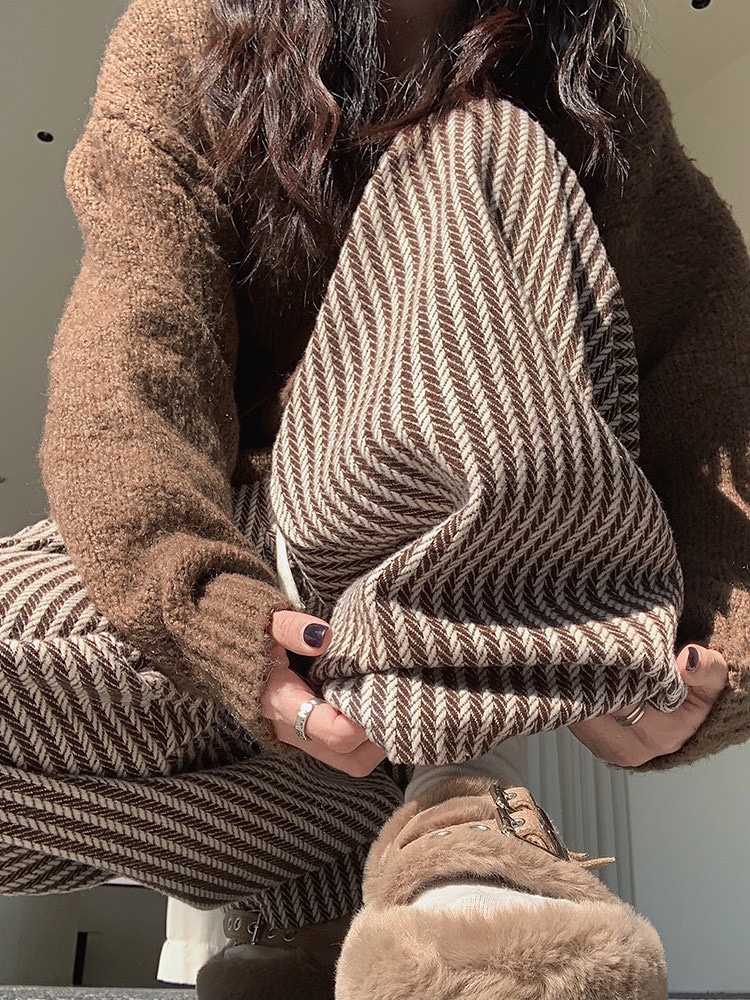 咖色竖纹阔腿裤女秋冬2024新款高腰垂感休闲小个子条纹加绒棉裤子
