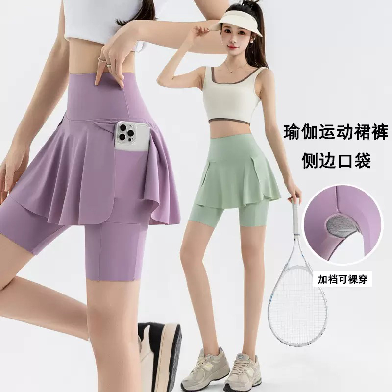 假两件瑜伽裙裤口袋加裆短裤夏高腰裤子女大码骑行裤辣妹跨境货源