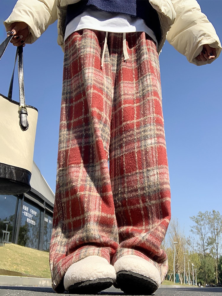 蓝色毛呢格子裤子女秋冬2024新款高腰垂感休闲拖地复古加绒阔腿裤
