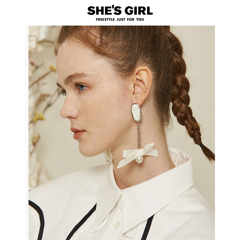 shesgirl茜子原创设计蝴蝶结长款耳钉耳环小众设计感耳坠耳饰品