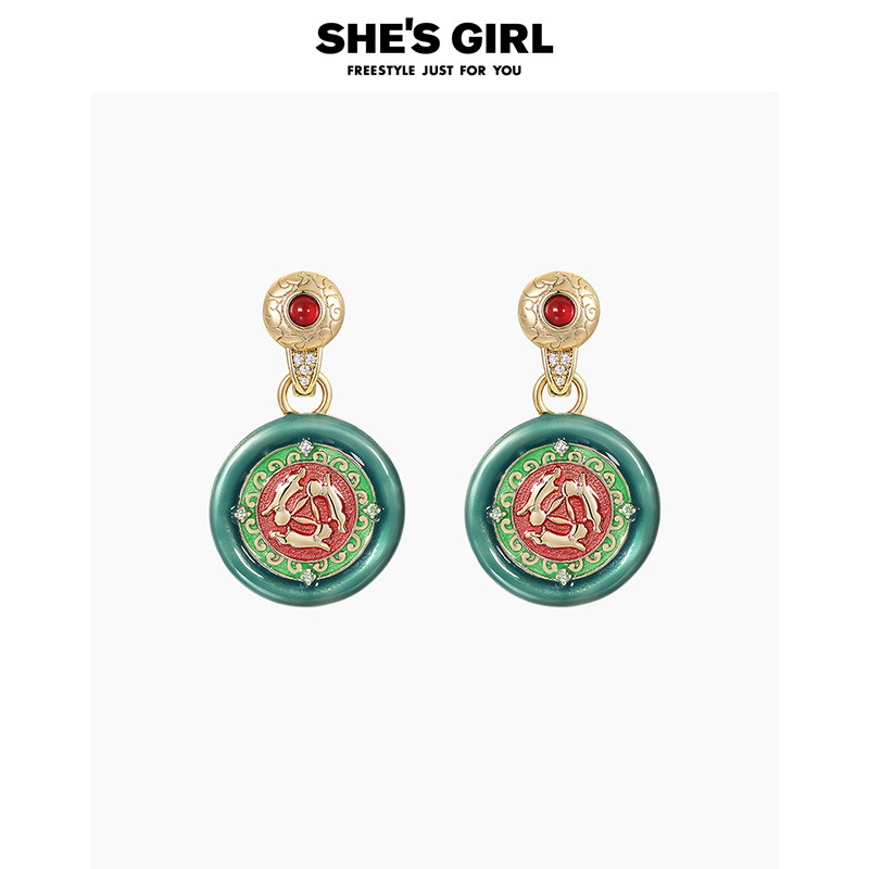 shesgirl茜子敦煌印象手工滴油三兔共耳创意可拆卸吊坠耳环耳钉