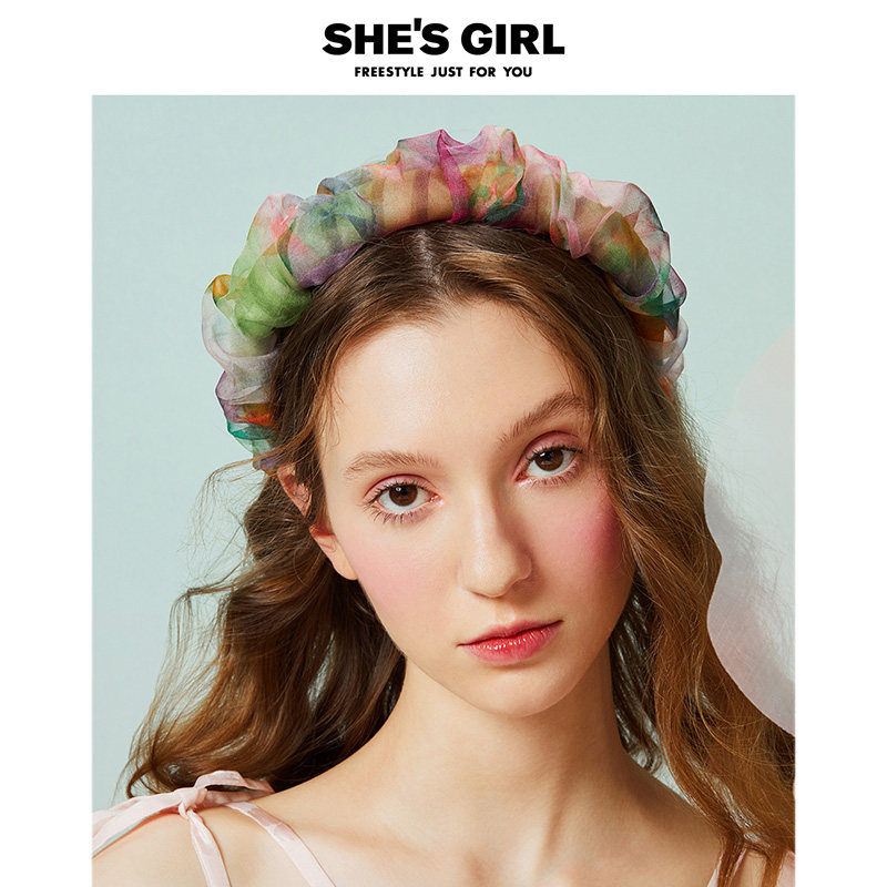 shesgirl茜子春日少女浪漫花卉印花褶皱轻薄桑蚕丝发箍头箍发卡