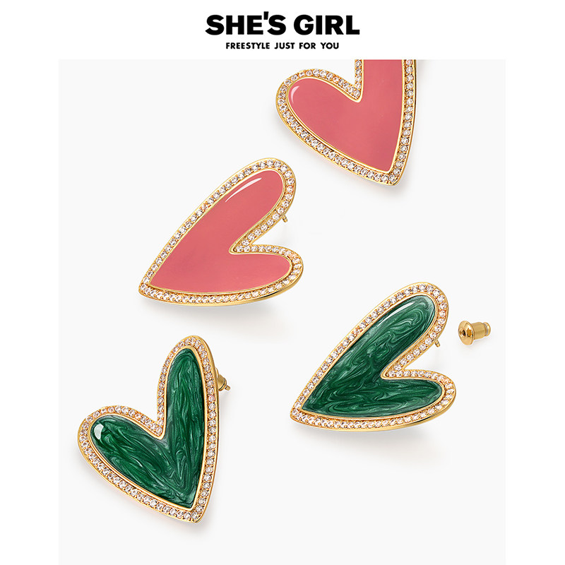 shesgirl茜子复古气质爱心滴油波纹双戴小众设计感耳环耳钉