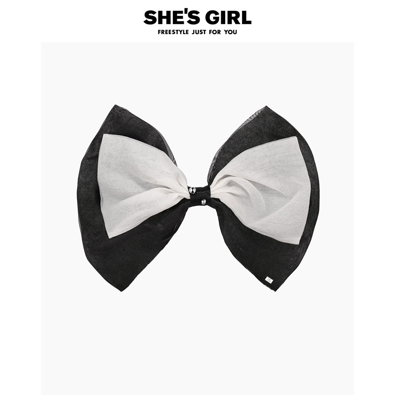 shesgirl茜子复古浪漫黑白桑蚕丝双层蝴蝶结平行夹发夹发卡