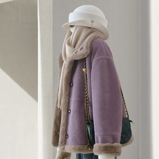 紫色一体外套女初春2025新款韩系甜美废土风宽松减龄加绒加厚上衣