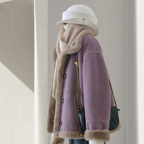 紫色一体外套女初春2025新款韩系甜美废土风宽松减龄加绒加厚上衣