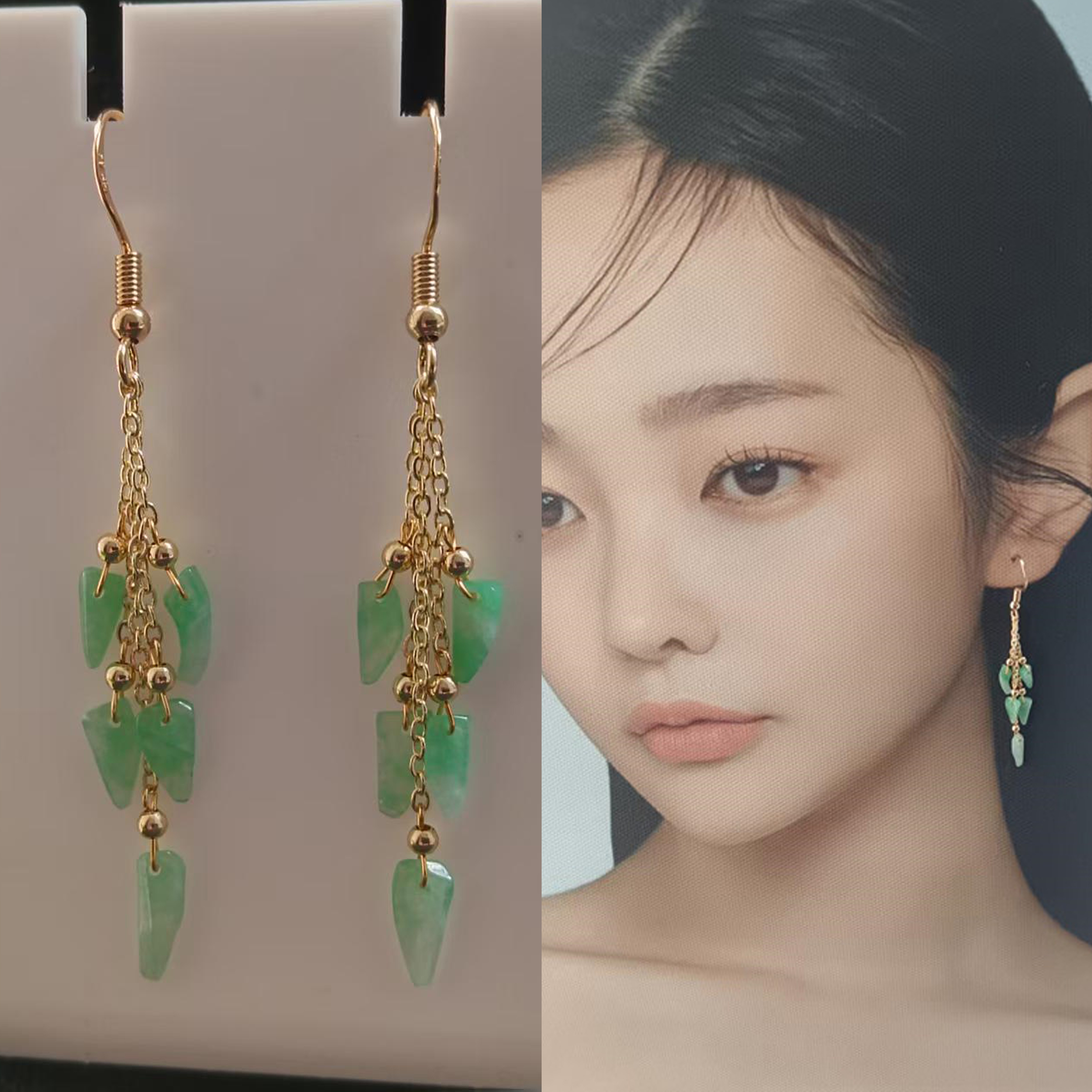 14K包金耳环天然玉石翡翠阳绿色碎石长款气质百搭女款耳坠保色