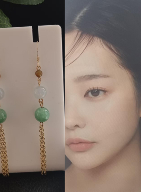 缅甸天然玉石翡翠满绿色圆珠流苏耳环14K包金保色防过敏气质百搭