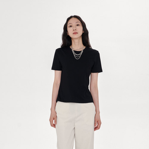 林乔芝2025年夏季新款T恤休闲百搭修身上衣简约纯棉黑百色短袖衫