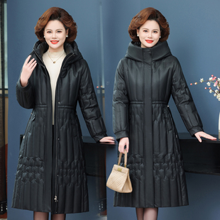 冬装新款真皮绵羊皮羽绒服长款过膝女装连帽修身高贵妈妈装白鹅绒