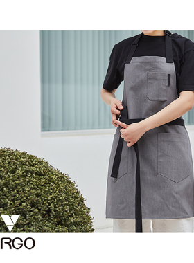 Virgo设计灰色牛仔围裙家居纯棉厨房烘焙围裙男女纯色定制logo