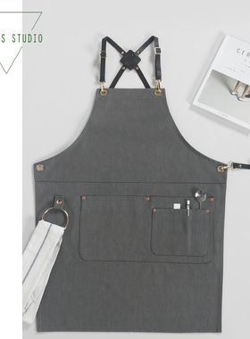 Virgo 背带灰色黑色牛仔围裙 咖啡奶茶美发花艺师工作围裙定制