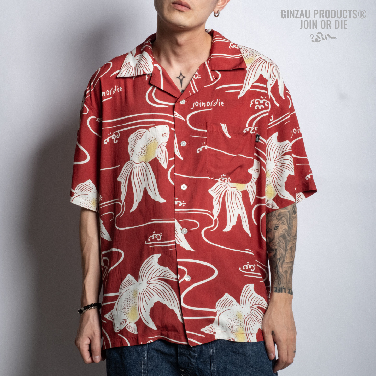 GINZAUPRODUCTS 日式锦鲤印花夏威夷古巴领复古短袖花衬衫aloha