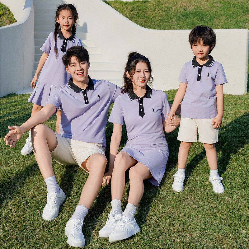 夏季亲子一家四口浅紫POLO衫