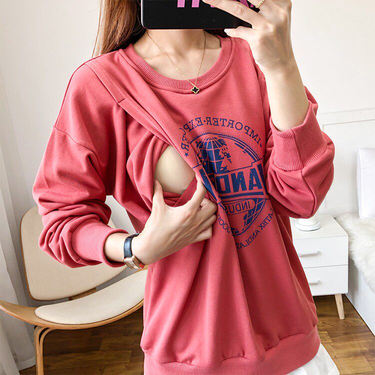 새 수유복 봄 가을 외출용 긴팔 스웨트 셔츠 순면 루즈 페이크 투피스 수유복 바닥 셔츠 가을