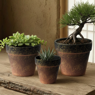 侘寂风复古渐变黑红陶花盆金光圆形多肉植物盆栽室内装饰简约花器