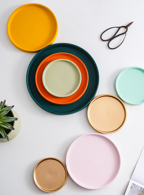 isn莫兰迪陶瓷托盘圆形多彩 直筒花盆接水盘花器垫盘防尘底盘底座