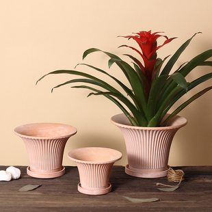 复古喇叭口条纹红陶花盆鸿运当头绿植鲜花大口径透气吸水粗陶新款