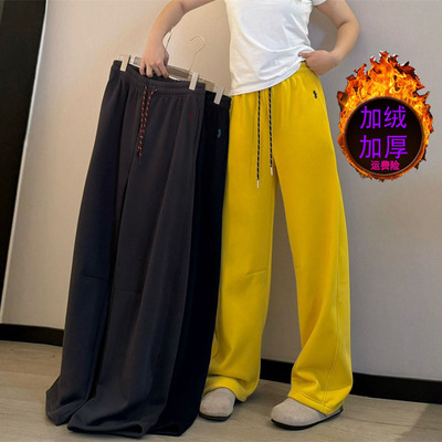 阔腿裤女2025新款春季加绒加厚小马刺绣奥粒绒显瘦高腰垂感弯刀裤